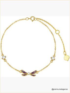 14K Gold Dragonfly Bracelet Real Gold CZ Link Bracelet 6.5+2 Inch